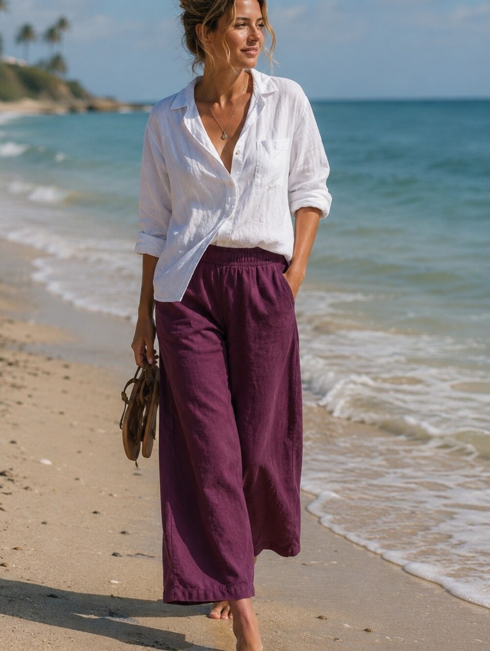 Tahari Relaxed 100% Linen Pants in Dark Red Wine Size Small